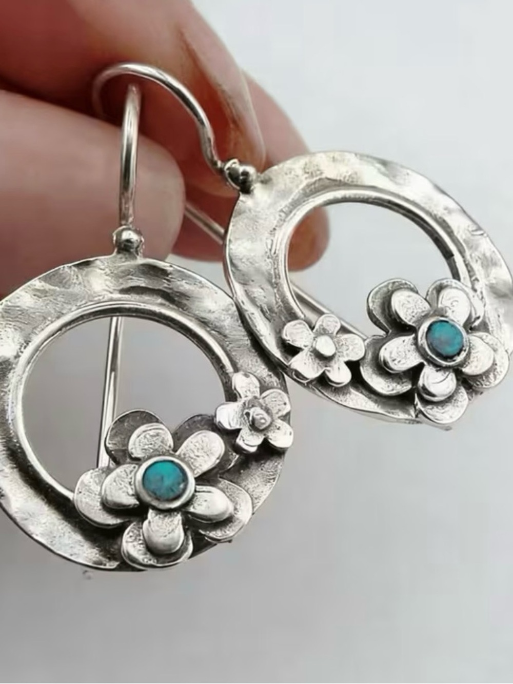 Silver Floral Hoop Earrings with Turquoise Accent - Silver